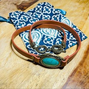 Brighton Leather Wrap Bracelet with Turquoise Gemstone and Gold Colored Details